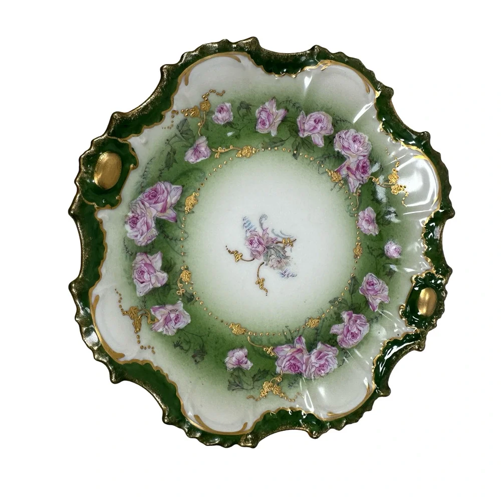 Vintage Limoges Art Nouveau LS&S Straus Salad Plates Roses Green Gold Lot‎ of 4